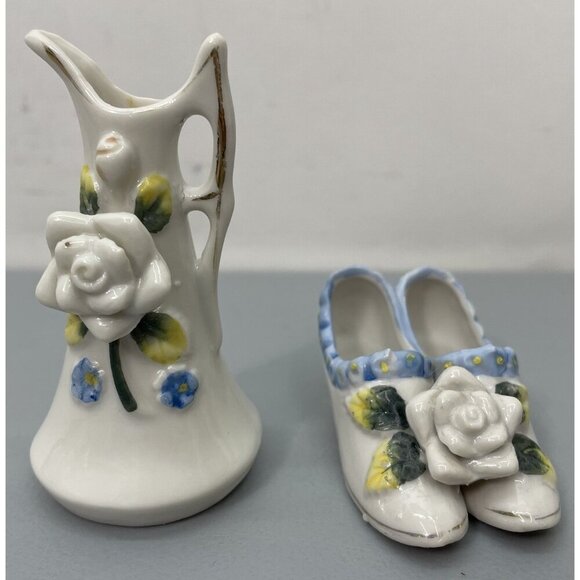 Unbranded Other - Mini Miniature Vase Pitcher Shoes Porcelain White Floral Flower Made in Japan